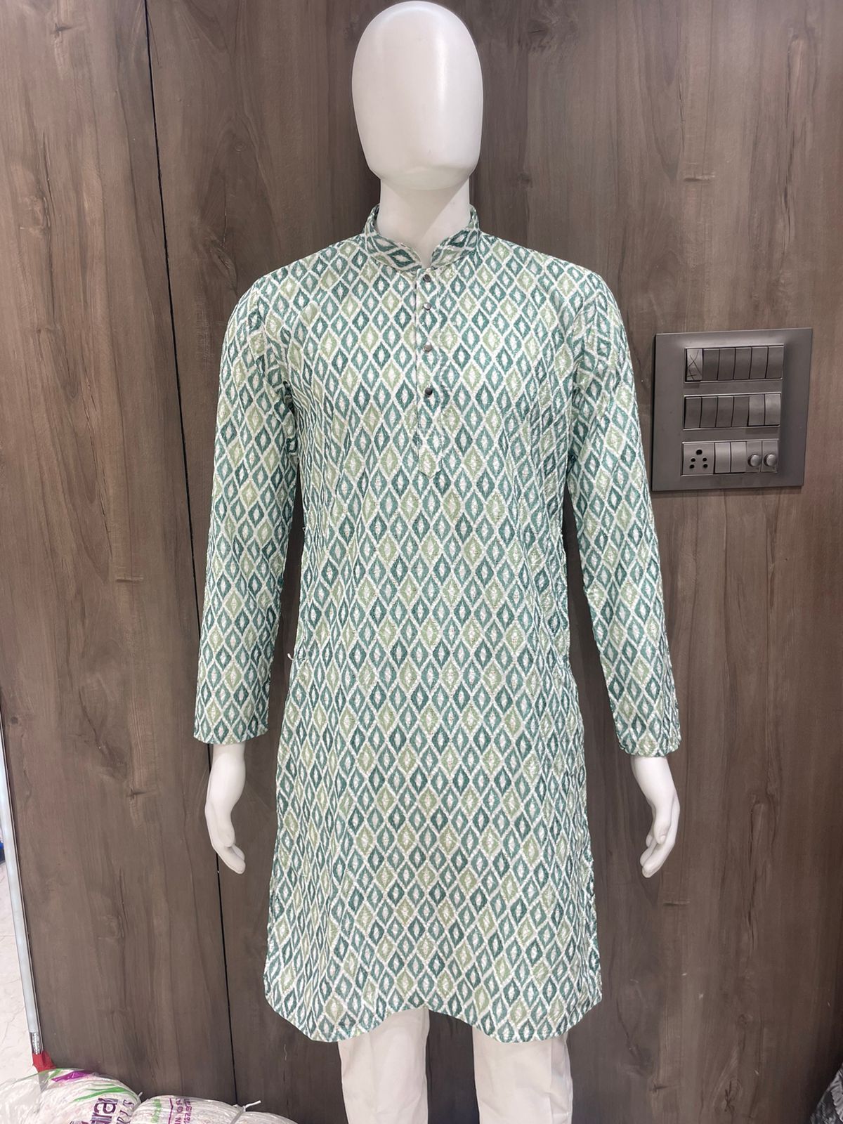 Green and White Geometric Pattern Kurta – Branded Baba