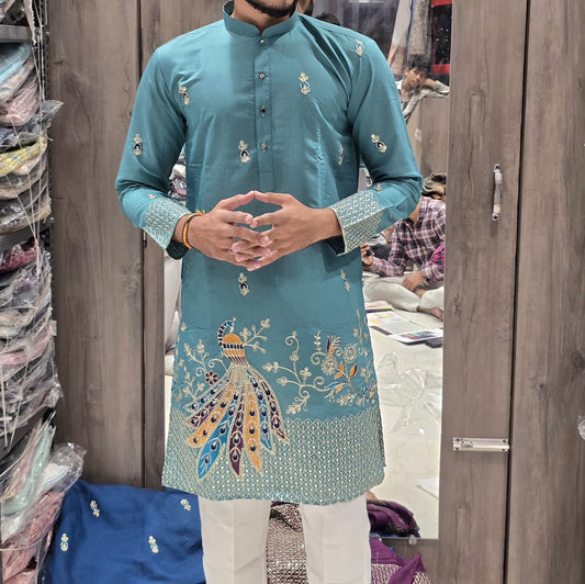 Luxurious Peacock Work Kurta for Men | Ethnic Indian Wear for Diwali Festival