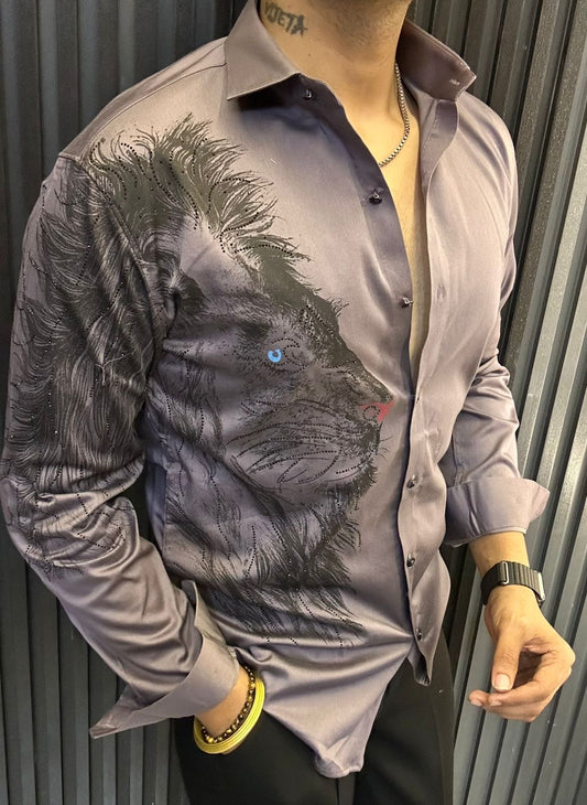 Bold Lion Head Design Shirt for Men | Unique Graphic Print Long Sleeve Button-Up