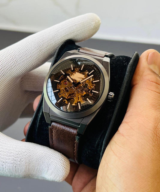 Men's Automatic Skeleton Watch | Exposed Mechanical Movement | Brown Leather Strap