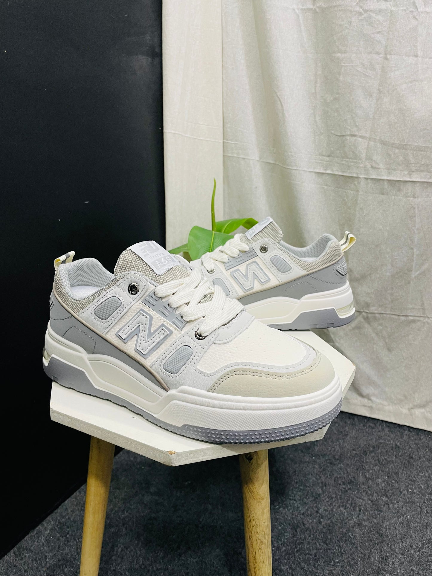 Modern White, Beige, and Gray Sneaker with Mesh Upper and Leather Overlays - Branded Baba