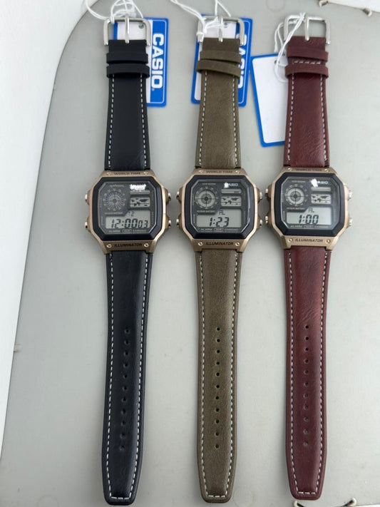 Retro World Time Digital Watch - Illuminator with Leather Strap