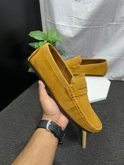 Yellow Tan Colour Penny Slot Suede Leather Men’s Semi Formal Loafers For Casual Formal Wear