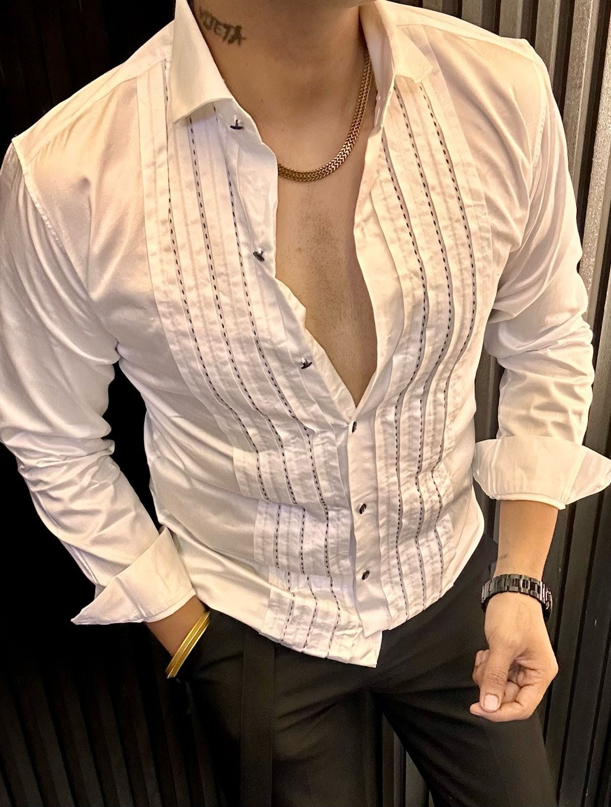Elegant White Tuxedo Style Shirt - Men's Modern Long Sleeve Slim Fit