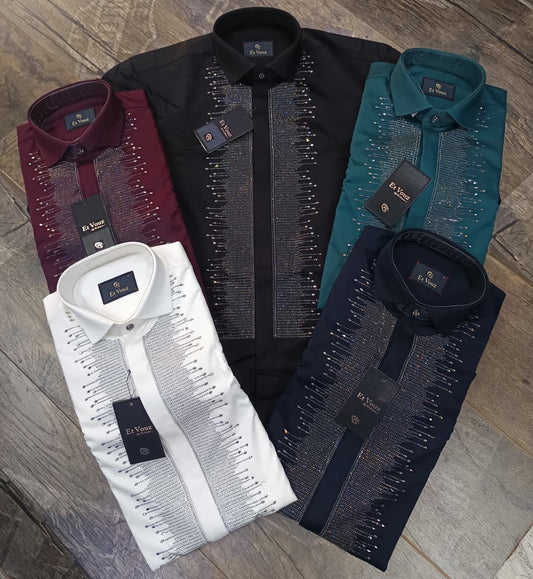 Men's Designer Rhinestone Embellished Dress Shirt - Luxury Slim Fit Crystal Button-Up || festive wear