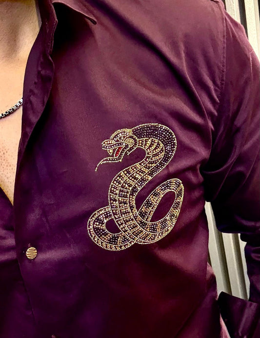 Satin Finish Men's Party Shirt with Gold Snake Design | Slim Fit Nightclub Wear