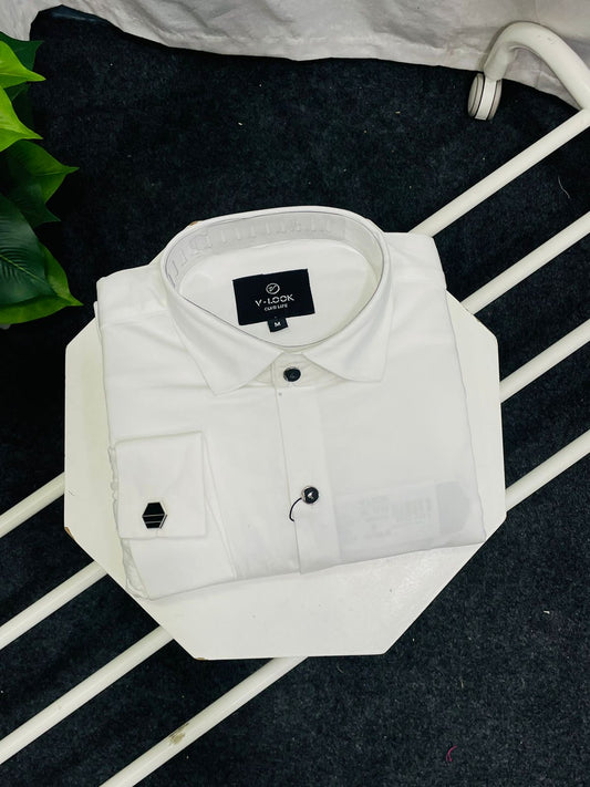 MEN WHITE SOLID SLIM FIT PURE COTTON SATIN FRENCH CUFF FORMAL SHIRT