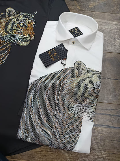 Luxury Tiger Print Rhinestone Shirt for Men – Premium Designer Party & Club Wear Shirt