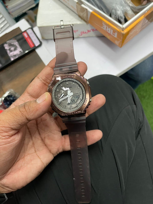 Octagonal Analog-Digital Watch with brown Metal Bezel