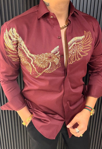 Gold Tiger Rhinestone Shirt for Men – Luxury Slim Fit Party Wear