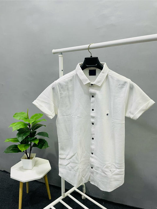 Cuban Collar White Shirt with Short Sleeves