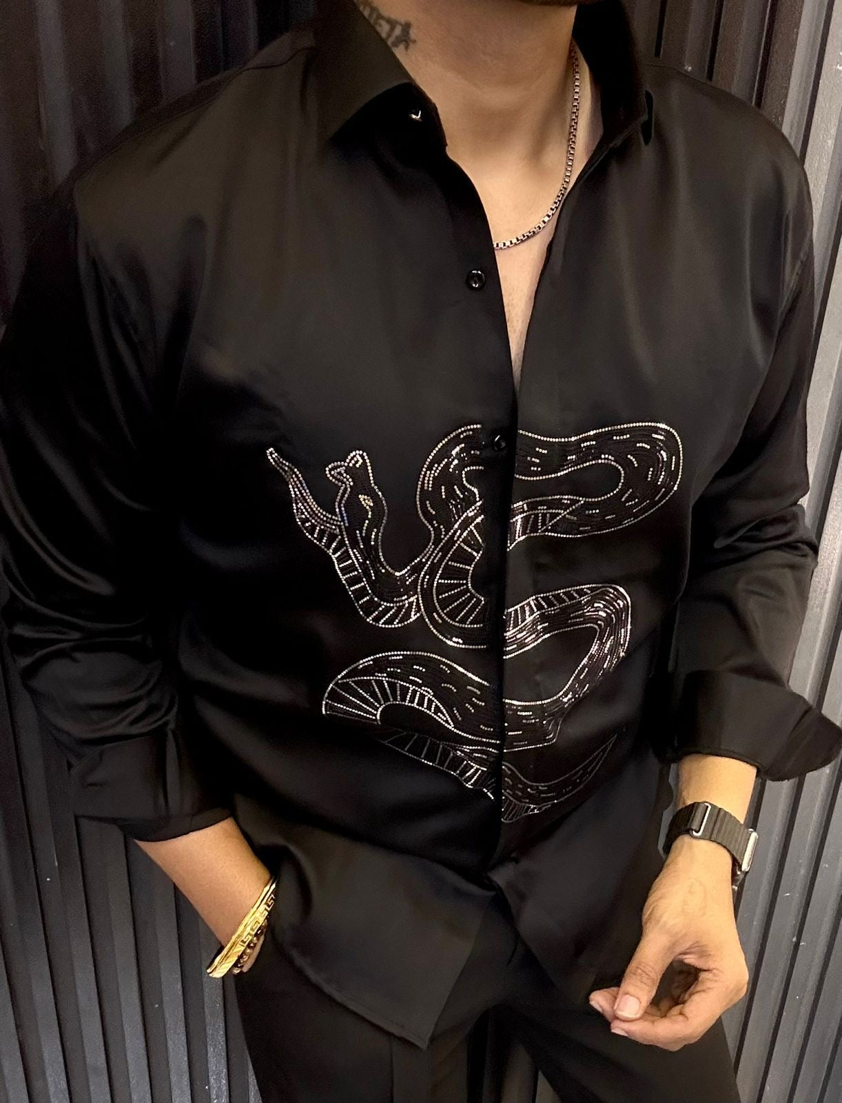 Black Shirt with Shiny Snake Design – Branded Baba