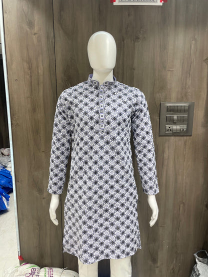 Geometric Pattern Kurta Pyjama Set with High Collar – Branded Baba