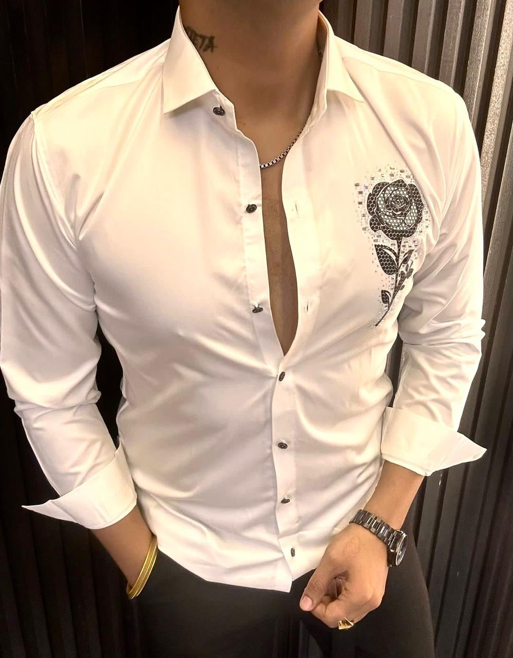Men's Grey Embroidered Rose Shirt
