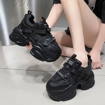 Black Sporty Chunky Sneakers For Women, Letter Graphic Lace-up Front Sneakers