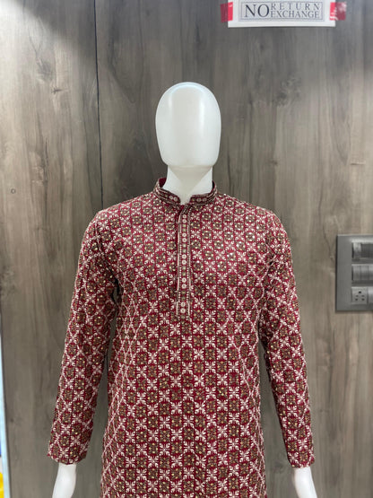 Maroon Kurta Pyjama with White and Gold Floral Designs – Branded Baba