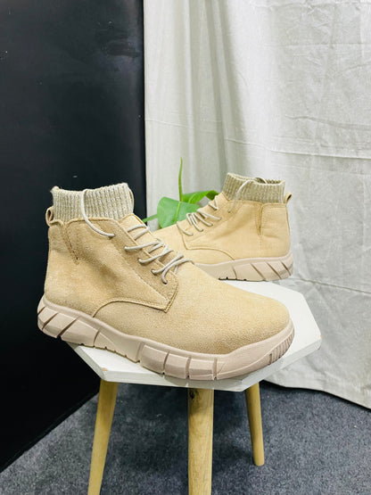 Beige High-Top Sneakers with Knitted Ankle Cuff – Branded Baba