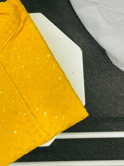 Yellow Colour GEORGETTE Embroidered MENS SCHIFFLI WORK KURTA