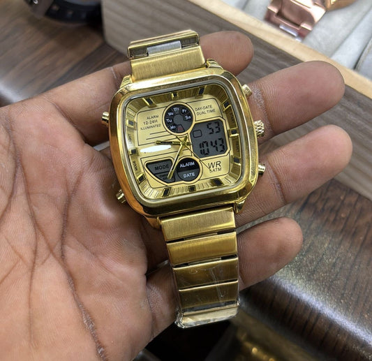 Retro Square Digital-Analog Sport Watch - Gold & Silver Stainless Steel Timepiece