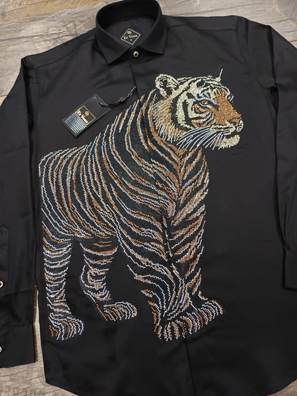 Luxury Tiger Print Rhinestone Shirt for Men – Premium Designer Party & Club Wear Shirt