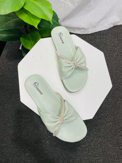 Mint Green Colour Bow Knotted Slides For Womenswear