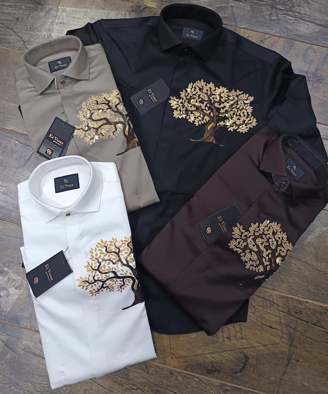 Artistic Golden Tree Embroidered Dress Shirt for Men - Modern Statement Long Sleeve