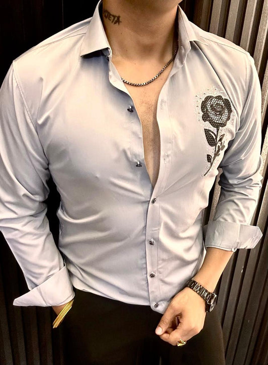 Men's Grey Embroidered Rose Shirt