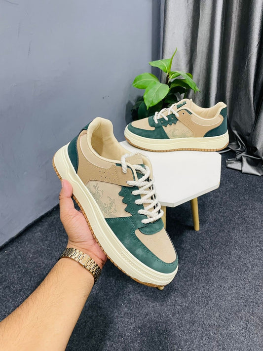 Men's Tan & Green Fashion Sneakers - Low-Top Casual Shoes with Design