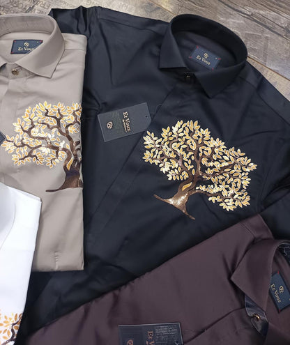 Artistic Golden Tree Embroidered Dress Shirt for Men - Modern Statement Long Sleeve