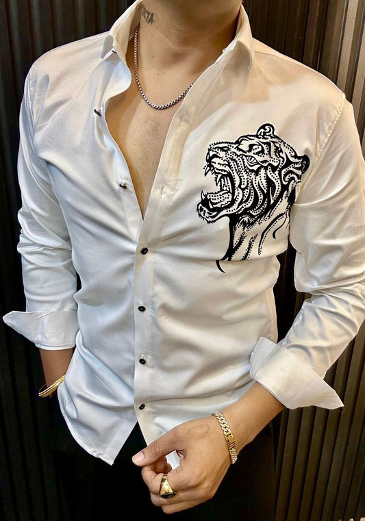 White Button-Up Shirt with Black Roaring Tiger Graphic – Branded Baba