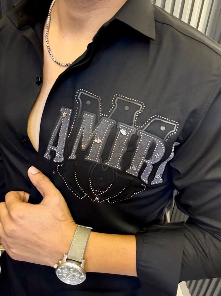 Men's White Long Sleeve Button-Up Shirt with Embroidered AMIRI-style Logo