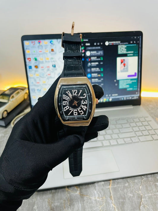Premium Unique Crazy Hours Watch | Rose Gold Case | Black Embossed Leather Band