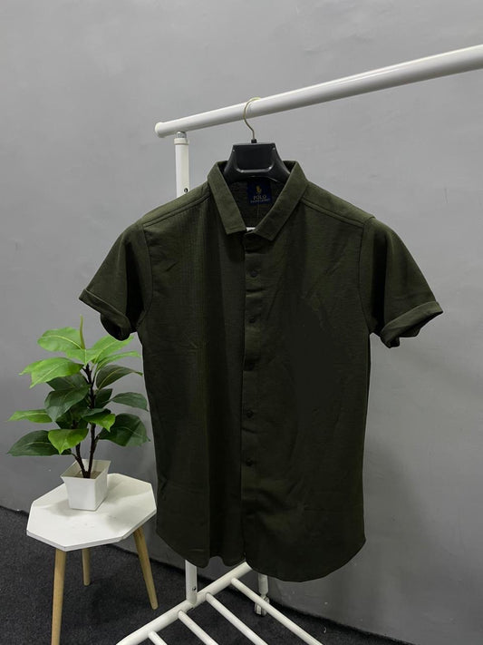 Cuban Collar Dark Green Shirt with Short Sleeves