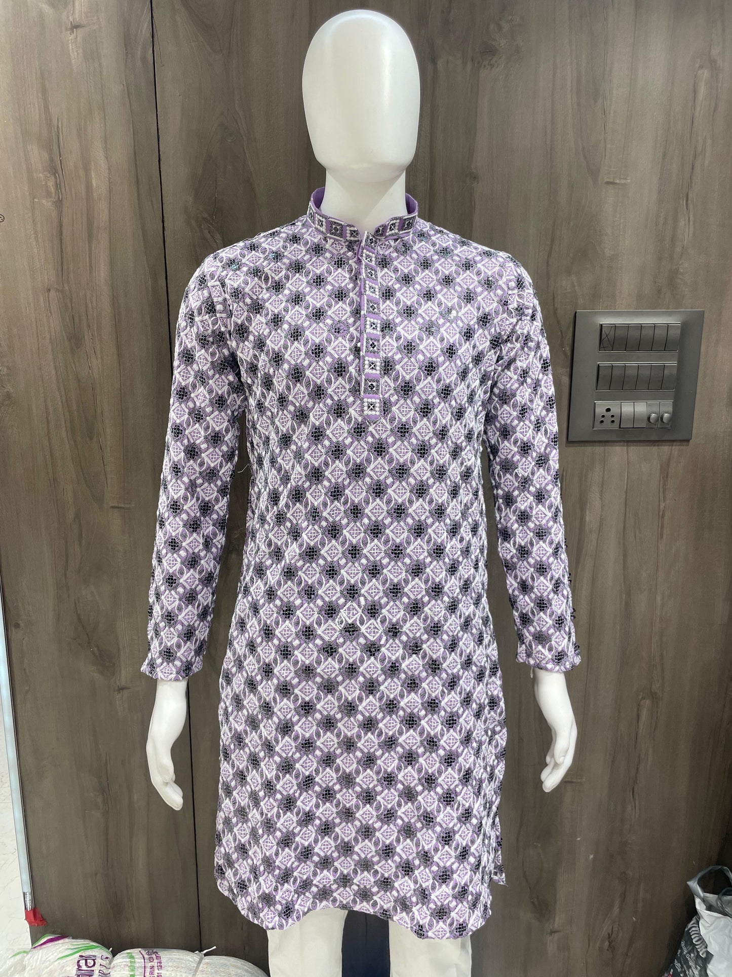 Geometric Pattern Kurta Pyjama Set with High Collar – Branded Baba