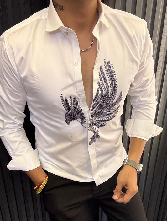 Premium White Embroidered Satin Cotton Shirt for Men – Party & Club Wear | Luxe Occasion Shirt