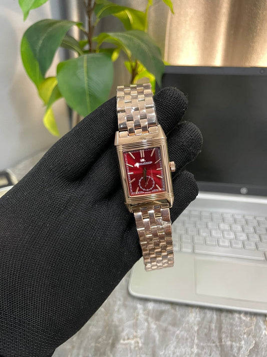 Men's Rose Gold Rectangular Watch - Red Textured Dial & Steel Bracelet