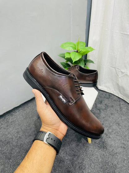 Brown Formal Shoes for Men with TPR Rubber Sole Office/Outdore Genuine Leather Derby Shoes