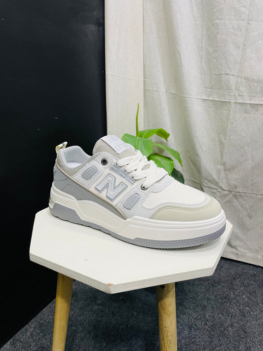 Modern White, Beige, and Gray Sneaker with Mesh Upper and Leather Overlays - Branded Baba