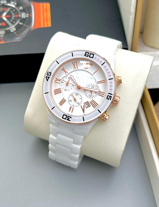 Pristine White Chronograph Watch | Rose Gold-Tone Accents | Unisex Roman Numeral Design