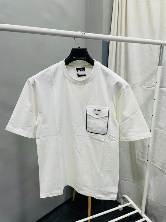 Men’s Drop Shoulder Crew-Neck Flap Pocket White T-Shirt