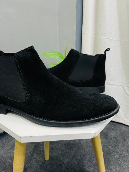 Men's Black Stylish Slip-On Suede Chelsea Ankle Boots for Casual Fall & Spring Wear - Comfortable, Durable TPR Sole, Cushioned Insole & Elastic Band