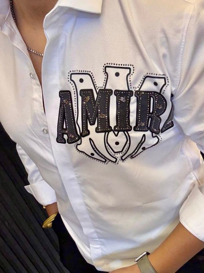Men's White Long Sleeve Button-Up Shirt with Embroidered AMIRI-style Logo