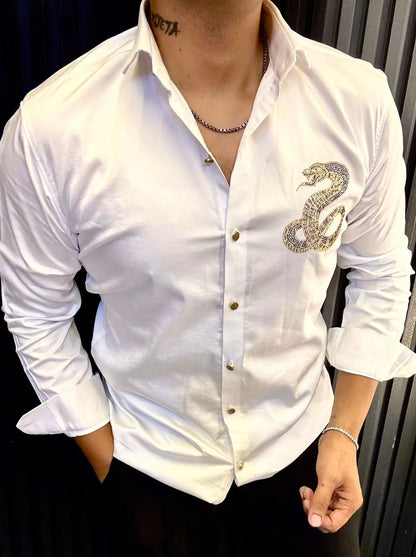 Satin Finish Men's Party Shirt with Gold Snake Design | Slim Fit Nightclub Wear