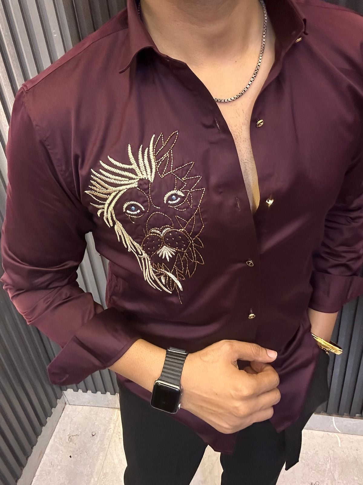 Dark Maroon Button-Up Shirt with Gold Embroidered Design – Branded Baba