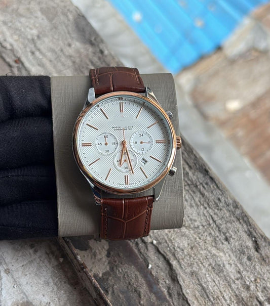Men's Classic Chronograph Watch | Textured Black Dial | Brown Croc Leather Strap