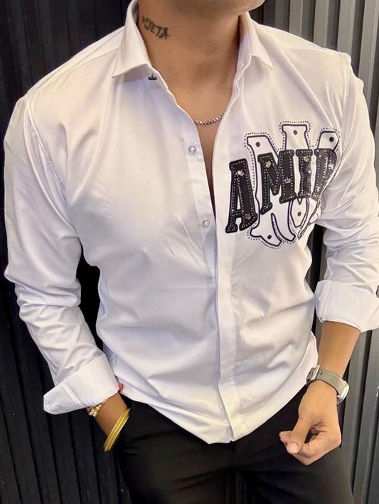Men's White Long Sleeve Button-Up Shirt with Embroidered AMIRI-style Logo