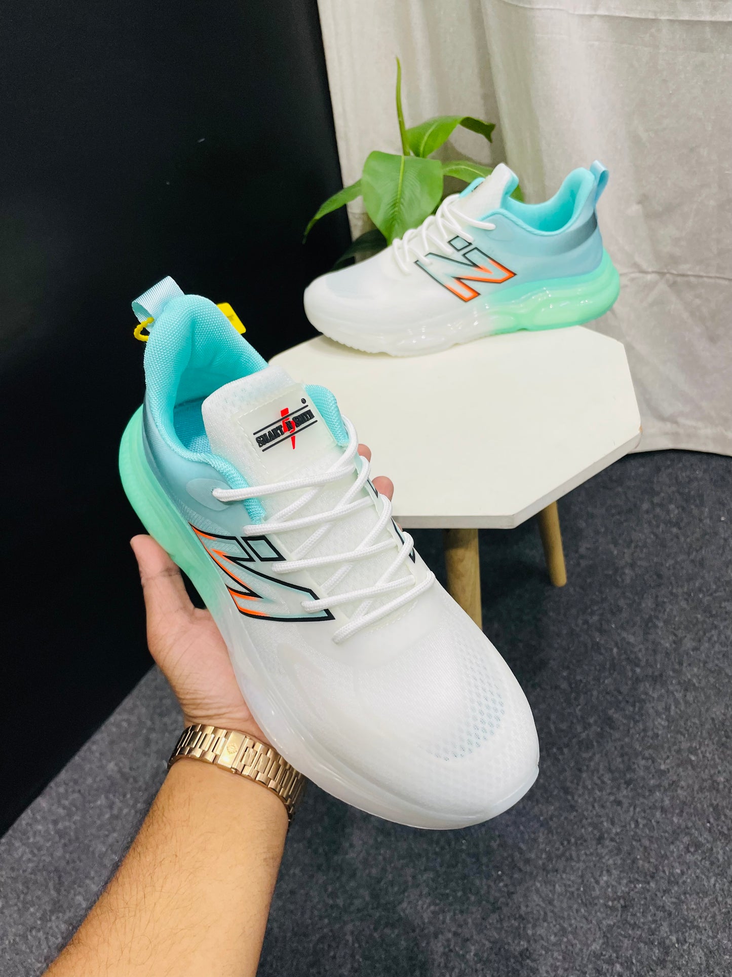 White and Turquoise Athletic Shoe with 'N’ Logo – Branded Baba