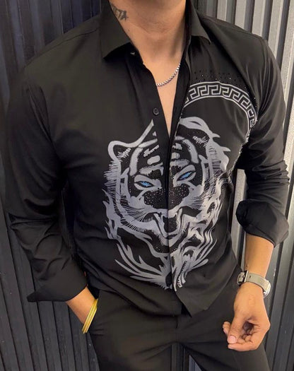 Trending Big Boss Look Tiger Graphic Shirt for Men | Rhinestone Eye Statement Button Down