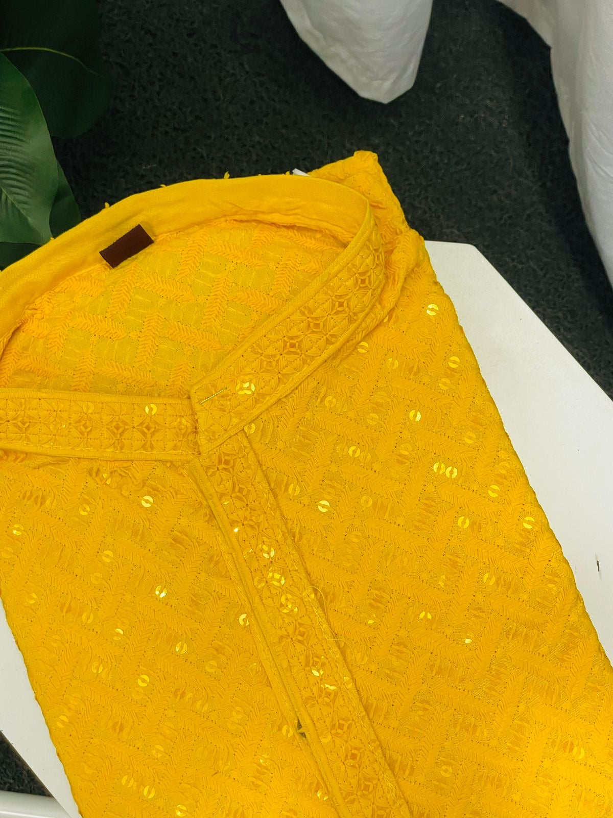 Yellow Colour GEORGETTE Embroidered MENS SCHIFFLI WORK KURTA