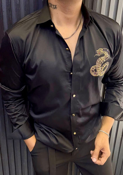 Satin Finish Men's Party Shirt with Gold Snake Design | Slim Fit Nightclub Wear